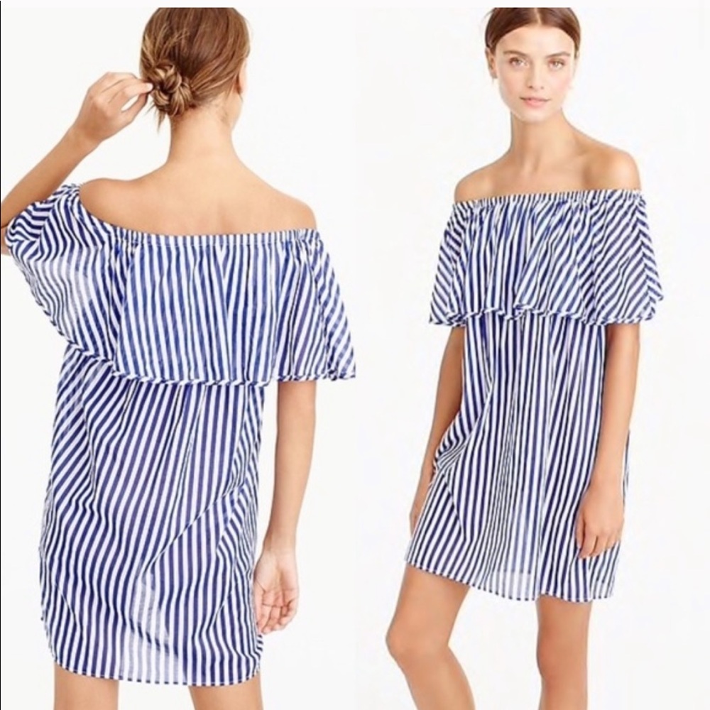 J. Crew Blue and White Striped Off-Shoulder Swim Coverup